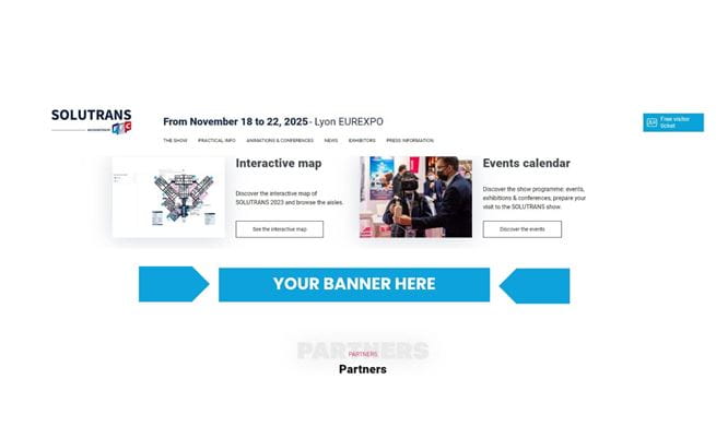 English version of screenshot of the SOLUTRANS home page with a placement indication for a client banner