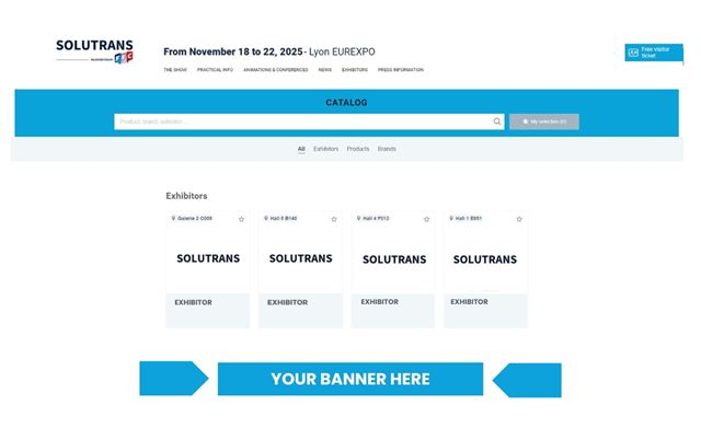 English version of screen capture of the SOLUTRANS site exhibitor catalogue with a placement indication for a customer banner