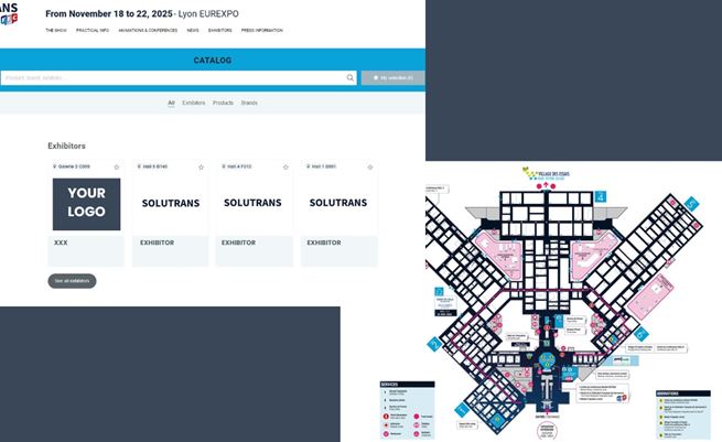 English version of screenshots of the SOLUTRANS exhibitors catalogue and its interactive map