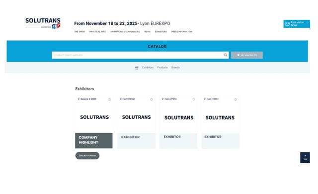 English version of screenshot of the SOLUTRANS website exhibitors catalogue with an indication of the placement of an exhibitor banner