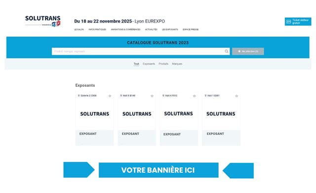 capture d'écran du catalogue exposants du site SOLUTRANS avec une indication de placement pour une bannière de client