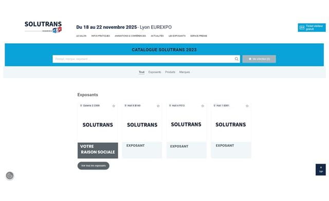 capture d'écran du catalogue exposants du site SOLUTRANS avec une indication de mise en avant d'exposant