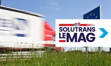 image of a truck speeding past a European sign and the SOLUTRANS emag logo