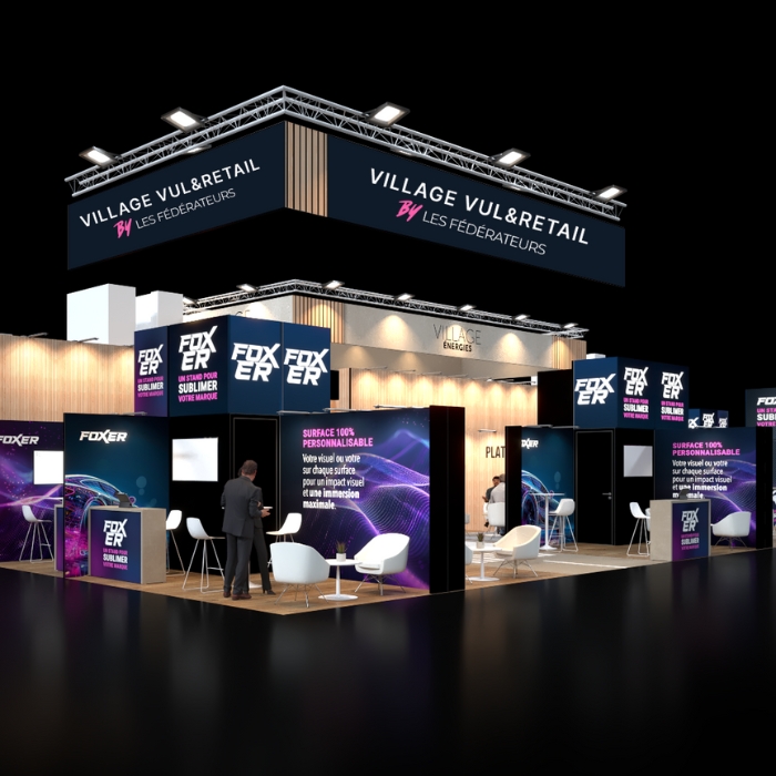 Stand 3D du Village VUL & Retail au salon Solutrans, avec signalétique lumineuse et espace d’exposition